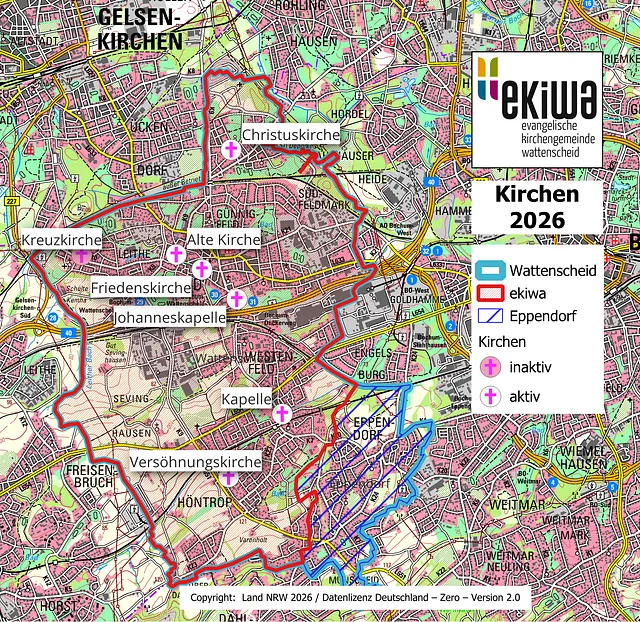 Karte mit dem Stadtbezirk Wattenscheid. und den ungefähren Grenzen der Evagelischen Kirchengemeinde Wattenscheid. Die Gotteshäuser sind markiert.
